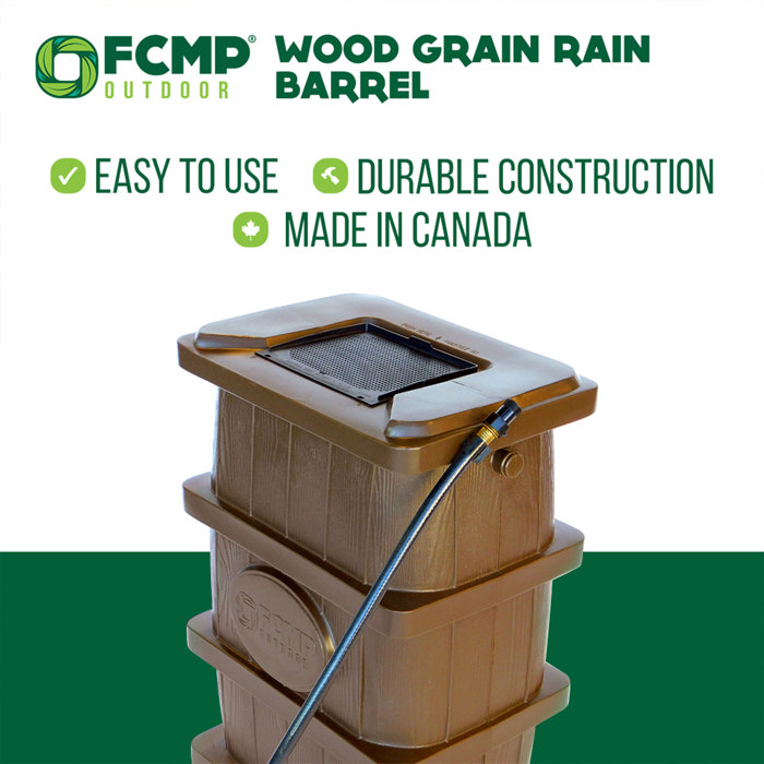 FCMP Outdoor WG4000 45 Gal Wood Grain Rain Water Catcher Barrel